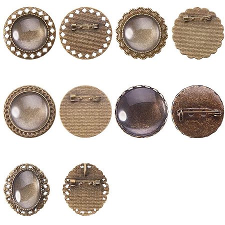 NBEADS 25 Sets DIY Brooch Making Settings, 5 Different Sizes Antique Bronze Alloy Brooch Pendant Trays with Safety Pins and Matching Transparent Glass Cabochons for Photo Brooch Jewelry Craft Making