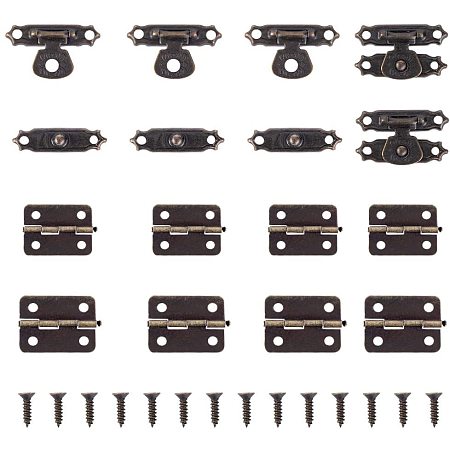 NBEADS 60 Sets 3 Types Mini Furniture Hinges, 2 Sizes Iron Cabinet Hinges and a Latch Hasp for Door Drawer Lock Decoration, Antique Bronze