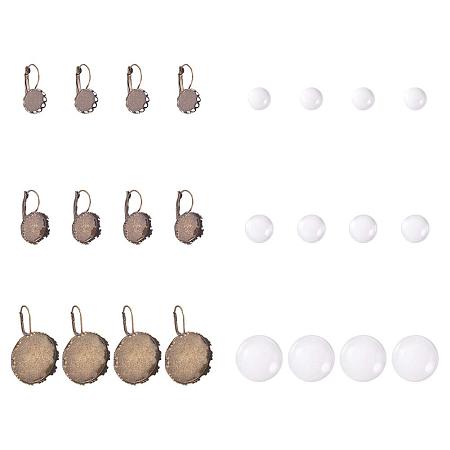 PandaHall Elite 30pcs 3 Size Antique Bronze Brass Lever Back Hoop Bezel Earring Components with 30pcs Clear Glass Cabochons Tiles (Tray: 12mm/ 15mm/ 25mm)