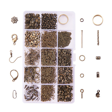 PandaHall Elite About 1642 Pcs Jewelry Making Findings Kits with Cord Ends Lobster Claw Clasps Jump Rings Headpins Earring Bead Caps Pinch Bails Twist Chain Links 174x100x21.5mm Antique Bronze