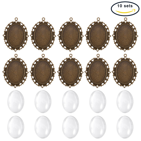 PandaHall Elite 10 Sets 40x30mm Oval Clear Glass Cabochon Cover with Antique Bronze Tibetan Style Pendant Cabochon Settings for DIY