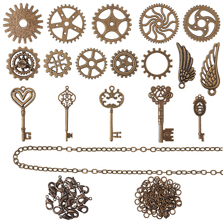 PandaHall Elite 92 Pcs Tibetan Style Antique Bronze Steampunk Watch Gear Cog Wheel Skeleton Keys and Wing Pendants with 100 Pcs Jump Rings and 20 Pcs Lobster Claw Clasp and 2.2 Yard Necklace Chain