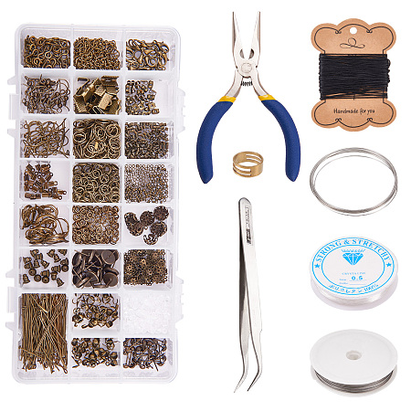PandaHall Elite About 1410 Pcs Jewelry Finding Kits 24 Styles with Jump Ring, Lobster Claw Clasp, Cord End, Earring Hook, Eye Pin, Flower Bead Cap, Jewelry Cord String, Flat Nose Plier Antique Bronze
