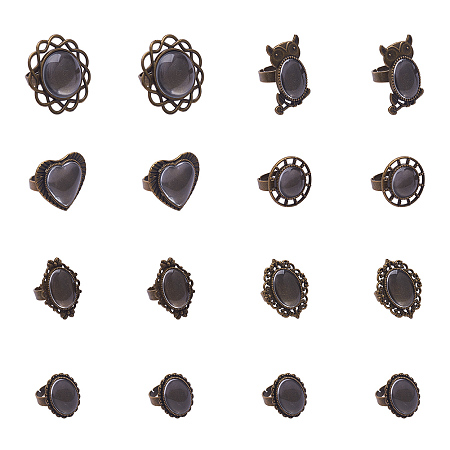 PandaHall Elite 28pcs 7 Styles Finger Ring Cabochon Bezel Settings and 28pcs Clear Glass Dome Cabochons for DIY Ring Making, Antique Bronze