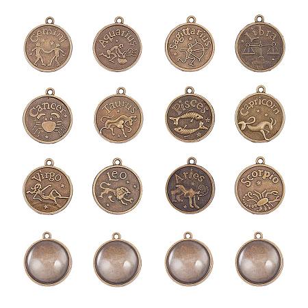 PandaHall Elite 25pcs Antique Bronze 12 Constellations Zodiac Horoscope Pendant Trays Bezel, 30pcs Glass Cabochon Dome Tiles Clear Cameo for Crafting DIY Jewelry Making