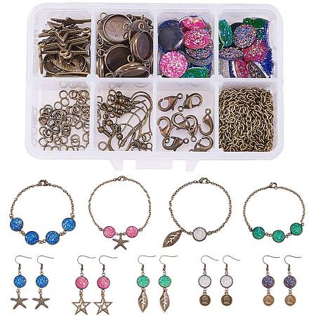 SUNNYCLUE 1 Box 150+ pcs DIY Druzy Dangle Drop Earrings Bracelet Jewellry Making Starter Kit with Round Druzy Agate Resin Cabochons 12mm - Make 5 Bracelet & 5 Pairs Earrings, Antique Bronze