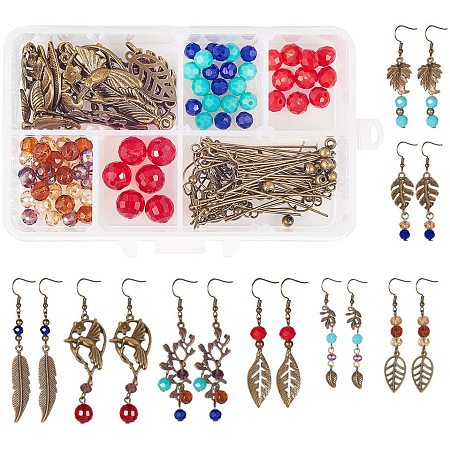 SUNNYCLUE 1 Box DIY 8 Pairs Tree Leaf Dangle Hook Earrings Making Kit Leaf Leaves Branch Charms Finding Pendants Beads Jewelry Making Crafts, Antique Bronze, Instruction