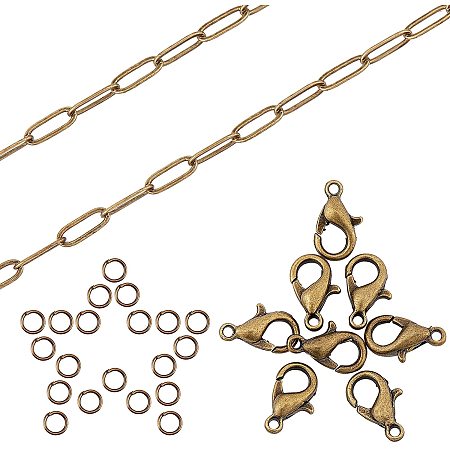 SUNNYCLUE 16 Feet Paperclip Chain Link Necklace Oval Link Chain 7.6x2.6x0.5mm with 30 Brass Lobster Claw Clasps, 100 Jump Rings for DIY Necklace Bracelet Choker Jewelry Making, Antique Bronze