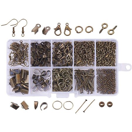 1800pcs Arricraft 10 Types Jewelry Making Kit with Crimp Beads, Head Pins, Ribbon Ends, Earring Hook, Screw Eye Pin Bail Peg, Snap on Bail, Jump Ring, Lobster Claw Clasps-Antique Bronze