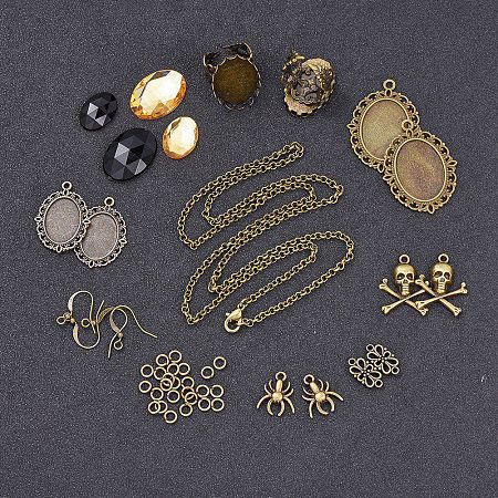Arricraft DIY Halloween Jewelry Set Making, with Alloy Pendant Cabochon Settings and Acrylic Rhinestone Cabochons, Iron Rolo Chains Necklace Makings and Tibetan Style Pendants, Antique Bronze, 18x13x4mm