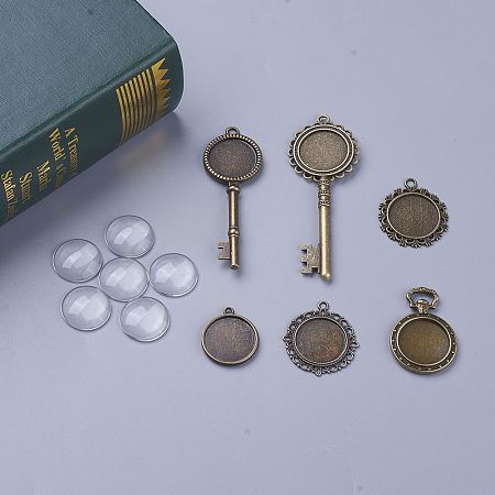 DIY Pendant Making, Alloy Pendant Cabochon Settings and Half Round/Dome Transparent Glass Cabochons, Antique Bronze, 35x32x2mm, Hole: 2mm