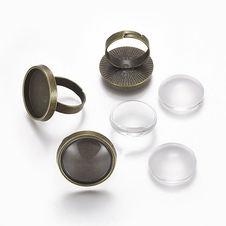 DIY Ring Making, Adjustable Alloy Ring Components, with Clear Glass Cabochons, Flat Round, Antique Bronze, Tray: 20mm; Ring: Size 7, 17.5mm; Cabochon: 19.5~20x5.5mm; 2pcs/set