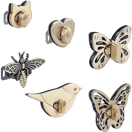 PandaHall Elite 6 Sets Bag Lock Animal Twist Lock Alloy Closures Bees Butterfly Bird Cat Heart Tuck Lock Bag Clasp Accessories for Leather Bag DIY, Antique Bronze