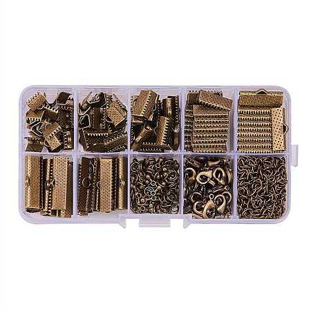 PandaHall Elite About 500Pcs Antique Bronze Jewelry Finding Sets with Mixed Sizes Ribbon End Drop Ends Jump Ring Chains Class Learning Lots