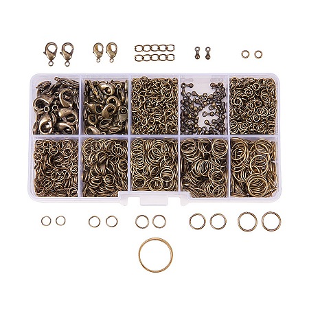 PandaHall Elite 1Box About 1585 Pcs Jewelry Making Findings Kits with Lobster Claw Clasps Twist Chain Links Drop Ends 22 Gauge Open Jump Rings 4~10mm and Jump Ring Open Tool Antique Bronze