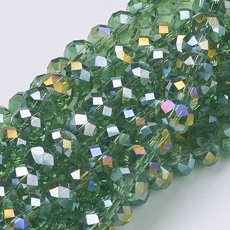 Electroplate Glass Beads Strands, AB Color Plated, Faceted Rondelle, LimeGreen, 6x4mm; about 95pcs/strand