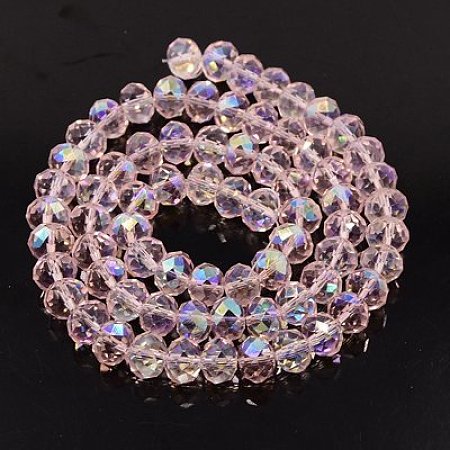 NBEADS 144 Pcs Handmade Glass Beads, Faceted Round, Pink, AB Color Plated, 10mm in diameter, 7mm thick, hole:1mm