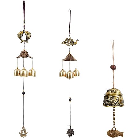 BENECREAT 3PCS Fish Wind Chimes Antique Bronze Peacock Koi Fish Wind Chimes for Good Luck Home Garden Hanging Decoration Gift