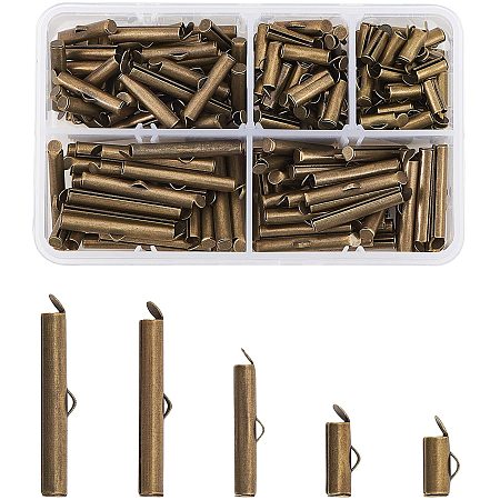 PandaHall Elite 200pcs Slide On End Clasp Tubes 5 Size Iron Antique Bronze Slider End Caps Crimp End Tube for Ball Chain Jewelry Making(10mm/13mm/20mm/25mm/30mm)