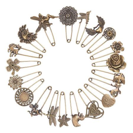 NBEADS 1 Set of 20pcs Vintage Mixed Shaped Safety Pin Alloy Brooch Findings, Antique Bronze