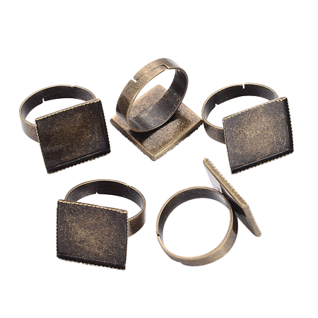 PandaHall Elite 1 Box of 10Pcs Vintage Style Brass Square Pad Adjustable Blank Ring for Craft DIY Making with Tray Size 15.5x15.5mm Antique Bronze