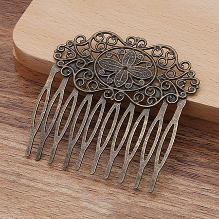 Honeyhandy Iron Hair Comb Findings, with Filigree Brass Flower, Antique Bronze, 56x56.5mm