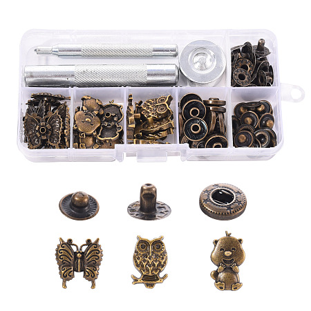 Honeyhandy 18 Sets Butterfly & Owl & Bear Brass Leather Snap Buttons Fastener Kits, Including 1 Set 45# Steel Hole Punch Tool, 1Pc 45# Steel Round Base, Antique Bronze