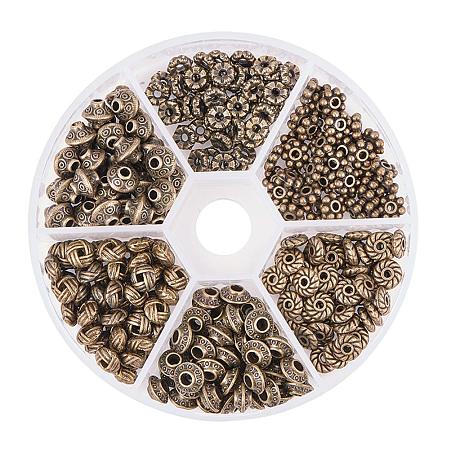 PandaHall Elite About 295pcs 6 Style Antique Bronze Column Flower Snowflake Bicone Spacer Beads for Bracelet Necklace Jewelry Making Findings Accessories