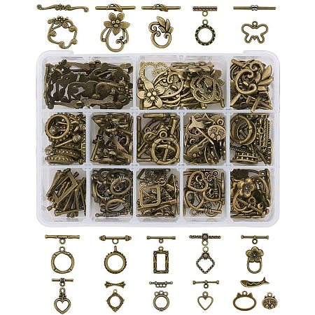 Pandahall Elite 120 Sets 15 Styles Bracelet Toggle Clasps Tibetan Jewelry Clasp T-bar Closure Clasps IQ Toggle Clasps TBar Clasps Findings for Necklace Bracelet Jewelry Making (Antique Bronze)