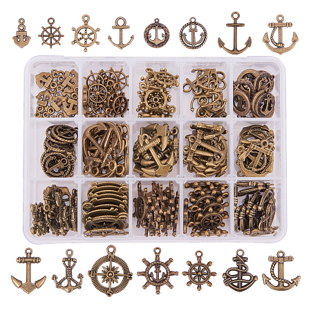 PandaHall Elite 150 Pieces 15 Style Antique Bronze Tibetan Alloy Anchor & Helm Charms for DIY Jewelry Making