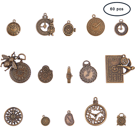PandaHall Elite 60 Pcs Tibetan Style Alloy Clocks and Watches Dial Face Movement Charm 15 Styles Steampunk Pendant Connector for Jewelry Making Antique Bronze
