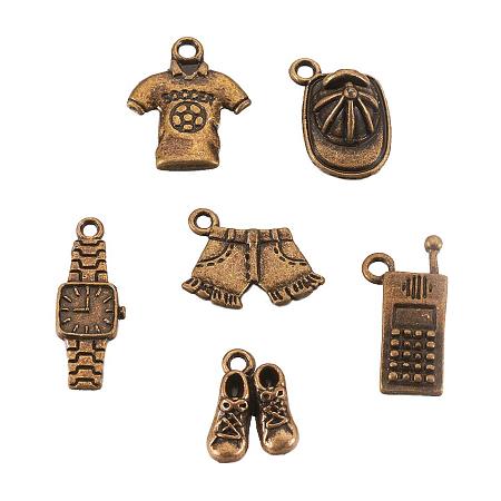 ARRICRAFT 30 pcs Tibetan Style Alloy Pendants, 6 Shapes Men's Wear Theme Pendant Charms for Jewelry Making, Antique Bronze