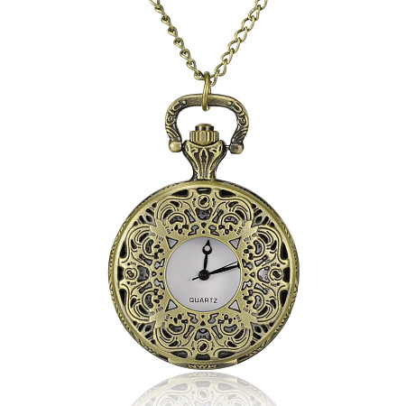 Honeyhandy Filigree Flat Round Alloy Quartz Pocket Watches, with Iron Chains and Lobster Claw Clasps, Antique Bronze, 31.4 inch, Watch Head: 56x39x14mm, Watch Face: 28mm