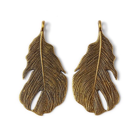 Honeyhandy Tibetan Style Alloy Pendants, Feather, Antique Bronze, Lead Free and Cadmium Free, 49x24x2mm, Hole: 3.5mm