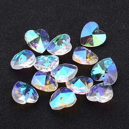 Honeyhandy Valentine's Day Glass Pendants, Heart, For Bracelet Making, Faceted, Clear AB, AB Color Plated, 14x7~8mm, hole: 1mm