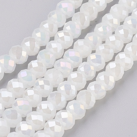 ARRICRAFT Electroplate Glass Beads Strands, Imitation Jade Glass, AB color Plated, Faceted, Rondelle, White, 6x4~5mm, Hole: 0.8~1mm, about 88~92pcs/strand, 15.5 inches~16 inches(39~45cm)