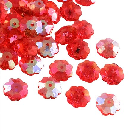 NBEADS 10 pcs/bag AB Color Plated Flower Transparent Red Glass Beads with 9.5~10x4mm,Hole: 1mm