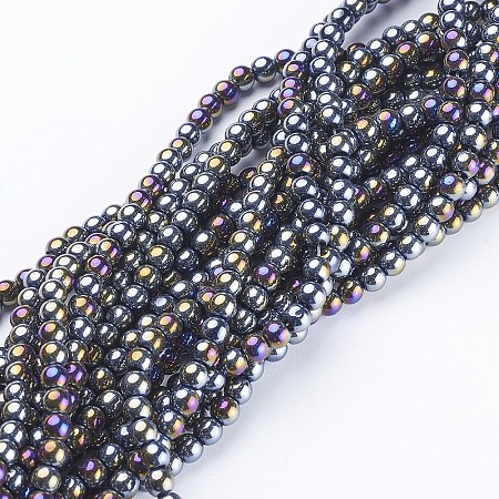 Honeyhandy Glass Beads Strands, Round, Black, AB Color Plated, The beads about 4mm in diameter, hole: 1mm, about 80pcs/strand, about 13 inch/strand