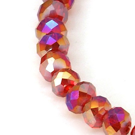Electroplate Glass Beads Strands, AB Color Plated, Faceted Rondelle, Red, 6x4mm; about 95pcs/strand