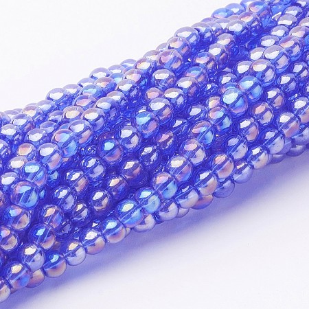 Glass Bead Strands, Round, AB Color Plated, RoyalBlue, 6mm, Hole: 1mm; about 50pcs/strand, 13