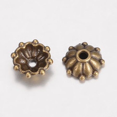 Honeyhandy Tibetan Style Alloy Fancy Bead Caps, Multi-Petal Flower, Antique Bronze, 8x3mm, Hole: 1mm