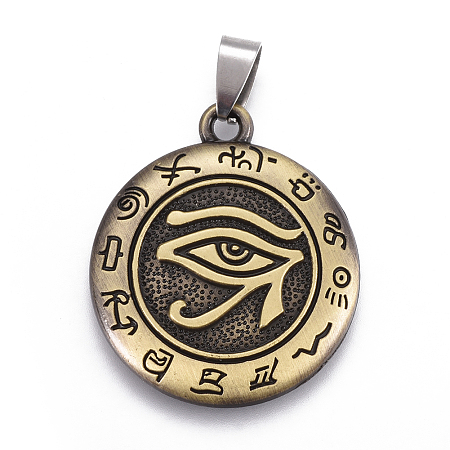 Honeyhandy Tibetan Style Alloy Pendants, with Stainless Steel Findings, Flat Round with Egyptian Eye of Ra/Re, Antique Bronze & Stainless steel Color, 34.5x30x4mm, Hole: 4x9mm