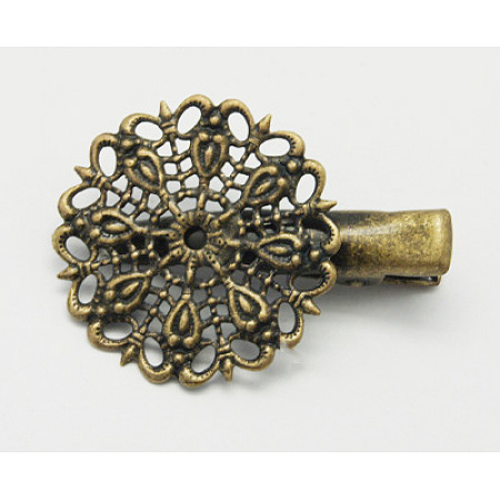 Honeyhandy Iron Alligator Hair Clip Findings, with Brass Filigree Flower Tray, Antique Bronze, 35x25x10mm