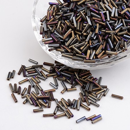 Glass Bugle Beads, Seed Beads, Gray, about 6mm long, 1.8mm in diameter, hole: 0.6mm; 1250pcs/50g