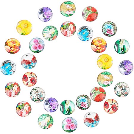 Arricraft 200 Pcs 20mm Printed Glass Cabochons, Flatback Dome Cabochons, Mosaic Tile for Photo Pendant Making Jewelry, Flower