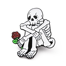 Honeyhandy Sad Skeleton with Rose Enamel Pin, Electrophoresis Black Plated Alloy Halloween Badge for Backpack Clothes, White, 30.5x25.5x1.5mm