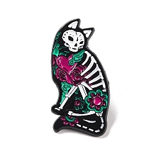 Honeyhandy Skeleton Cat with Flower Enamel Pin for Halloween, Alloy Badge for Backpack Clothing, Electrophoresis Black, Colorful, 35.5x18x1.5mm, Pin: 1mm