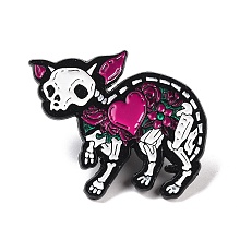 Honeyhandy Skeleton Cat with Heart Enamel Pin for Halloween, Animal Alloy Badge for Backpack Clothing, Electrophoresis Black, Cerise, 30x36x1.5mm, Pin: 1mm