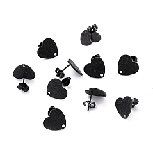 Honeyhandy 304 Stainless Steel Stud Earring Findings, with Ear Nuts, Textured Heart, Electrophoresis Black, 12x13mm, Hole: 1.5mm, Pin: 0.7mm