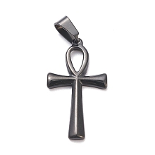 Honeyhandy 304 Stainless Steel Pendants, Laser Cut, Ankh Cross, Electrophoresis Black, 30x16x2mm, Hole: 4x7mm